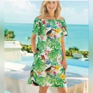 Soft Surroundings Tropical Off-Shoulder Mini Dress in White, Green, Yellow